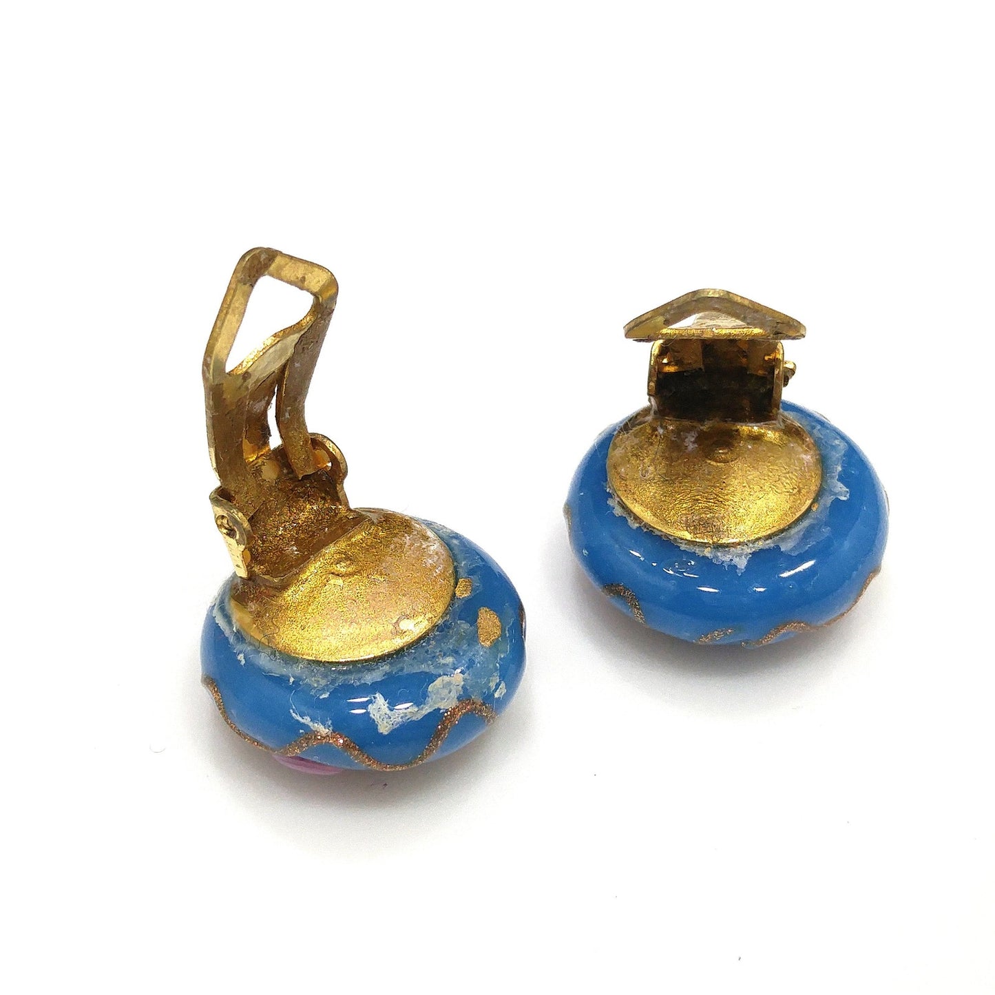 Vintage Italian Wedding Cake Clip Earrings, Blue Pink Roses  1940s