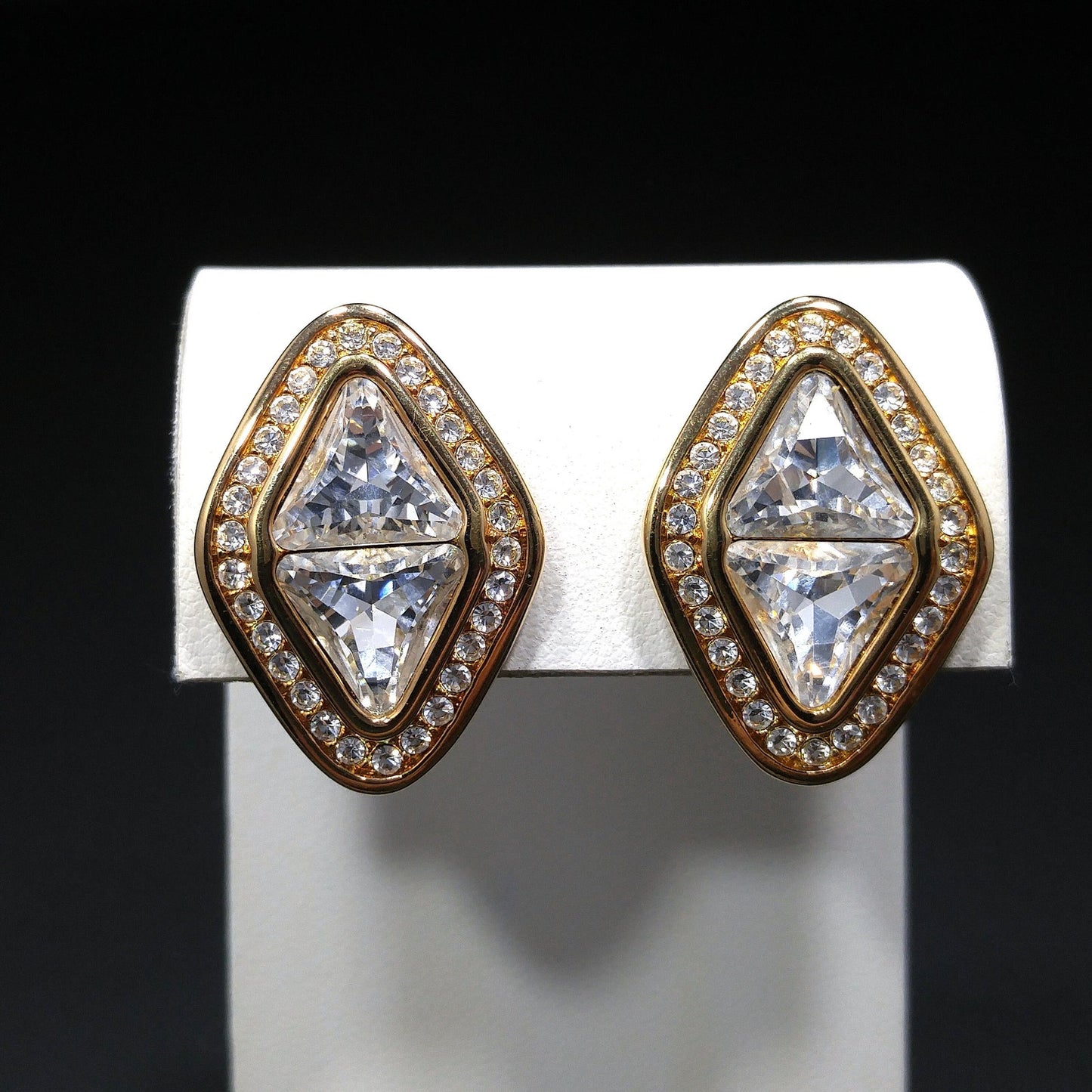 Vintage Swarovski Swan Logo Clear Crystal Clip Earrings Gold Plated 1990s