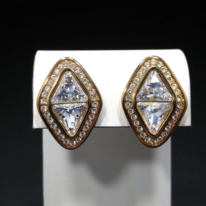 Vintage Swarovski Swan Logo Clear Crystal Clip Earrings Gold Plated 1990s