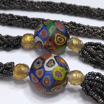 Vintage Art Deco Murano Millefiori Seed Bead Lariat Flapper Necklace, 1920s