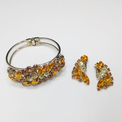 Rhinestone Hinged Bracelet & Earrings, Light Topaz Jonquil, 1960s Vintage Jewelry