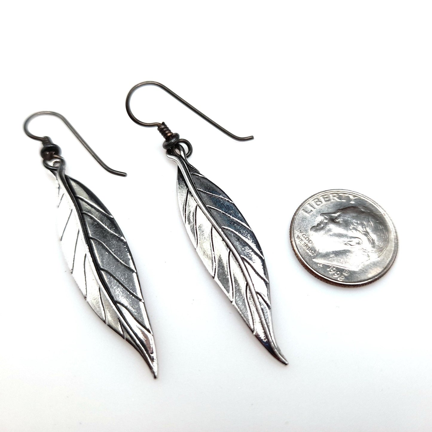 Vintage Laurel Burch Leaf Drop Earrings, Rhodium Plated Leaves