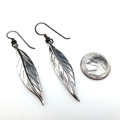 Vintage Laurel Burch Leaf Drop Earrings, Rhodium Plated Leaves
