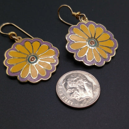 Laurel Burch "Flower Song" 1993 Flower Earrings, Gold Plated, Yellow Purple Enamel, 1990s Vintage Jewelry