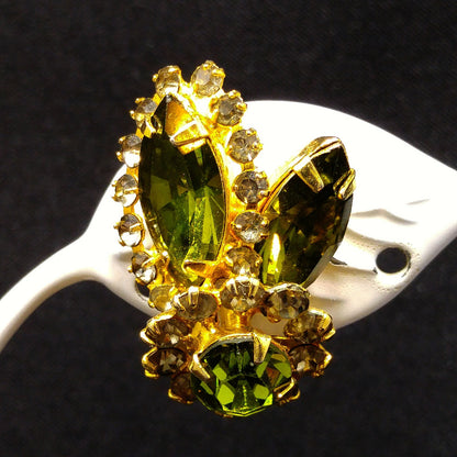 Weiss Green Clear Rhinestone Earrings, Gold Plated, 1960s Vintage Jewelry