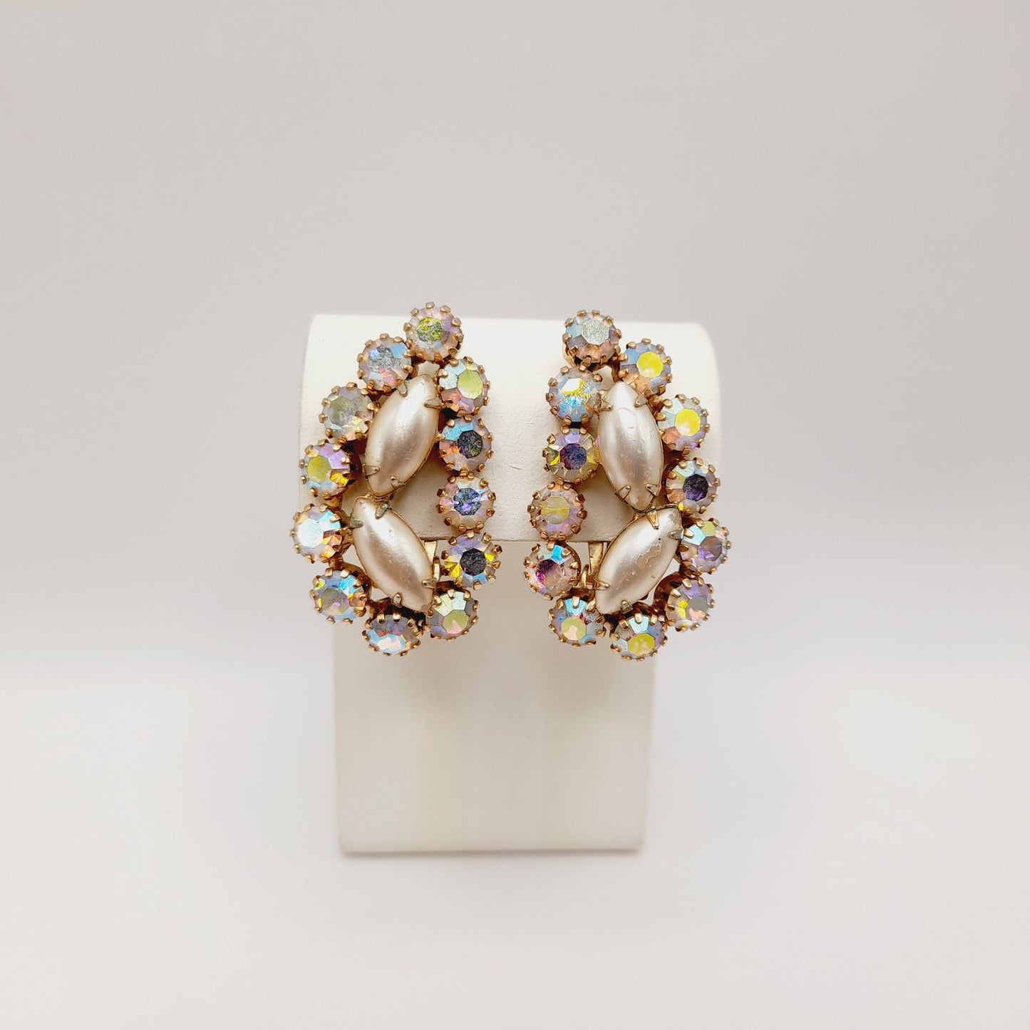 Vintage Aurora Borealis Rhinestone Clip Earrings 1950s Ear Climber Gold Tone