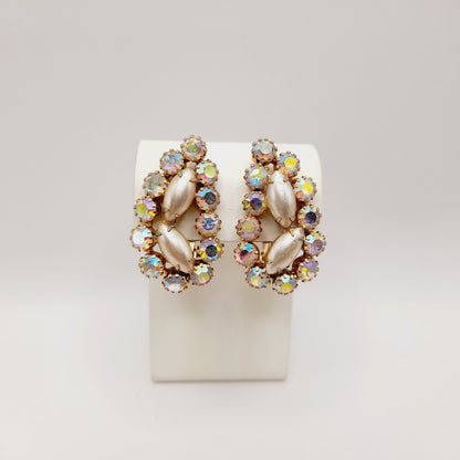 Vintage Aurora Borealis Rhinestone Clip Earrings 1950s Ear Climber Gold Tone