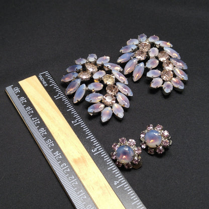 Twin Faux Opal Rhinestone Brooches & Earrings, Rhodium Plated, 1960s Vintage Jewelry