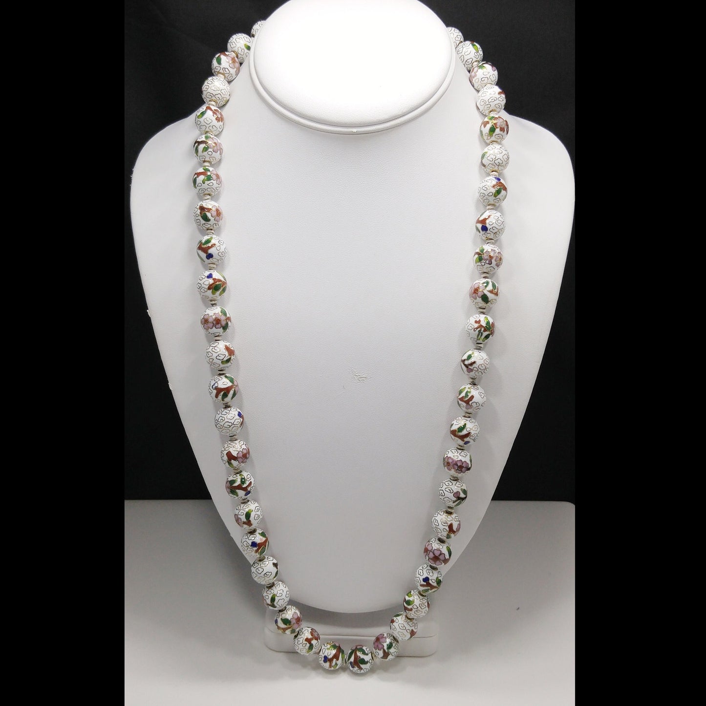 Vintage Cloisonne Beaded Necklace, Hand Knotted, Hand Painted Floral Beads, 1960s Vintage Jewelry