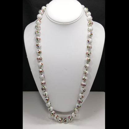 Vintage Cloisonne Beaded Necklace, Hand Knotted, Hand Painted Floral Beads, 1960s Vintage Jewelry