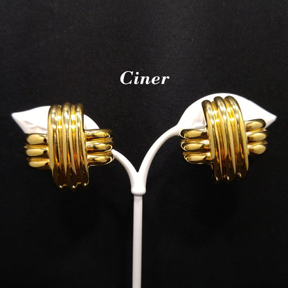Ciner Gold Plated Cross Earrings, Signed Clips, 1980s Vintage Jewelry