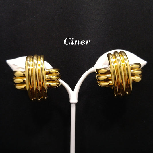 Ciner Gold Plated Cross Earrings, Signed Clips, 1980s Vintage Jewelry