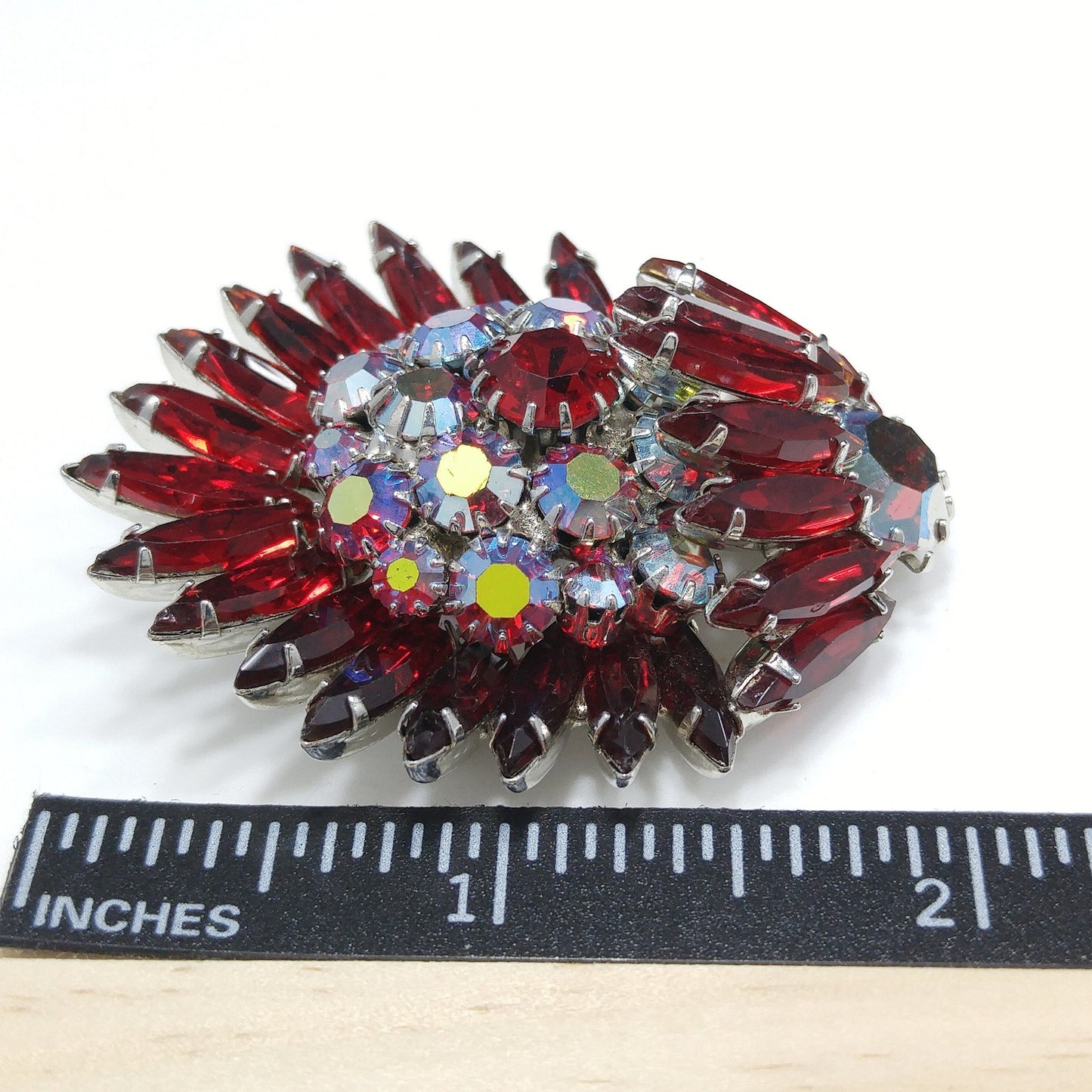 Ruby Red Rhinestone Navette Brooch, Unsigned Designer Beauty, Rhodium Plated, 1960s Vintage Jewelry