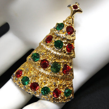 Eisenberg Ice Christmas Tree Brooch Red Green Rhinestones Gold Vintage