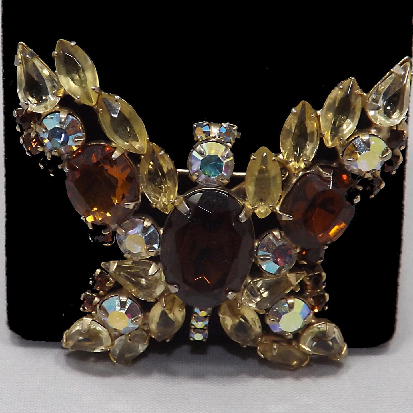 Vintage Butterfly Brooch D & E Juliana Style Rootbeer Rhinestones Yellow Open Back Aurora Borealis Rhinestones Gold Tone Vintage Jewelry
