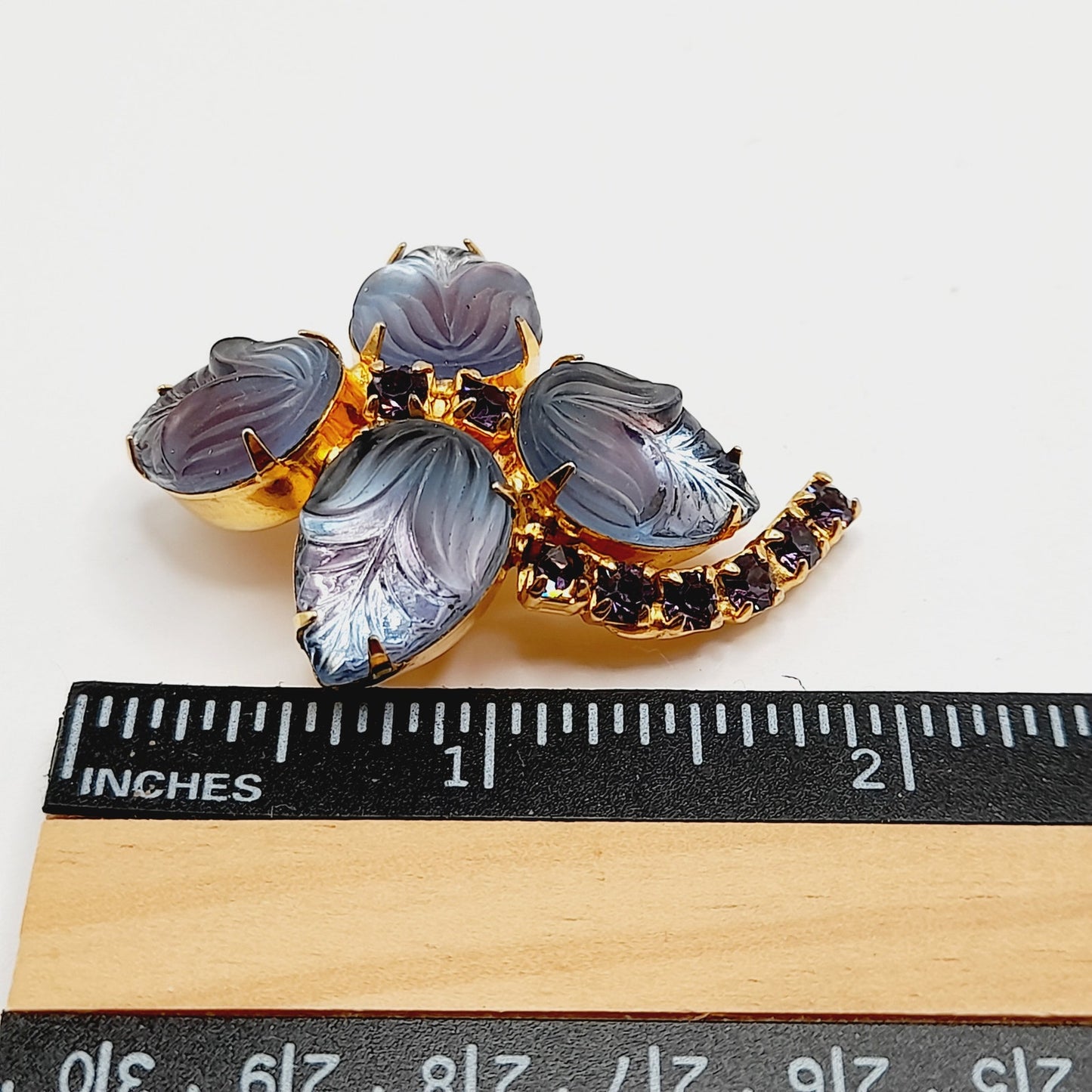 Vintage Purple Glass Leaf Brooch, Gold Plated Floral Pin, Amethyst Rhinestone Accents, 1950s Jewelry, Juliana Style Costume Brooch