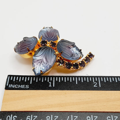 Vintage Purple Glass Leaf Brooch, Gold Plated Floral Pin, Amethyst Rhinestone Accents, 1950s Jewelry, Juliana Style Costume Brooch
