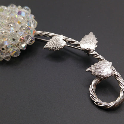 Vintage Austrian Crystal Flower Brooch, Aurora Borealis, Rhodium Plated Stem Leaves, 1960s Vintage Jewelry