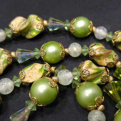 Vendome Green Beige Art Beads, Green AB Cone Crystal Beads, 1960s Vintage Jewelry