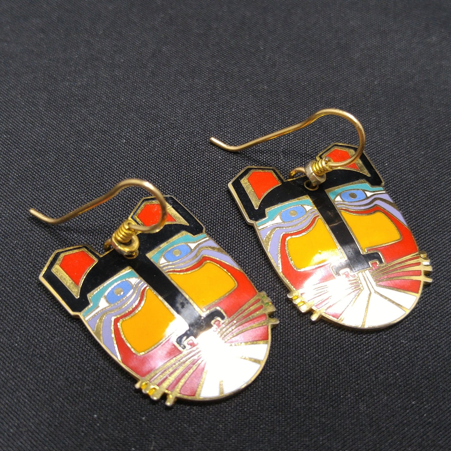 Laurel Burch "Miikio" Earrings, Gold Plated Enamel Large Cat Faces, 1980s Vintage Jewelry