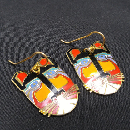 Laurel Burch "Miikio" Earrings, Gold Plated Enamel Large Cat Faces, 1980s Vintage Jewelry