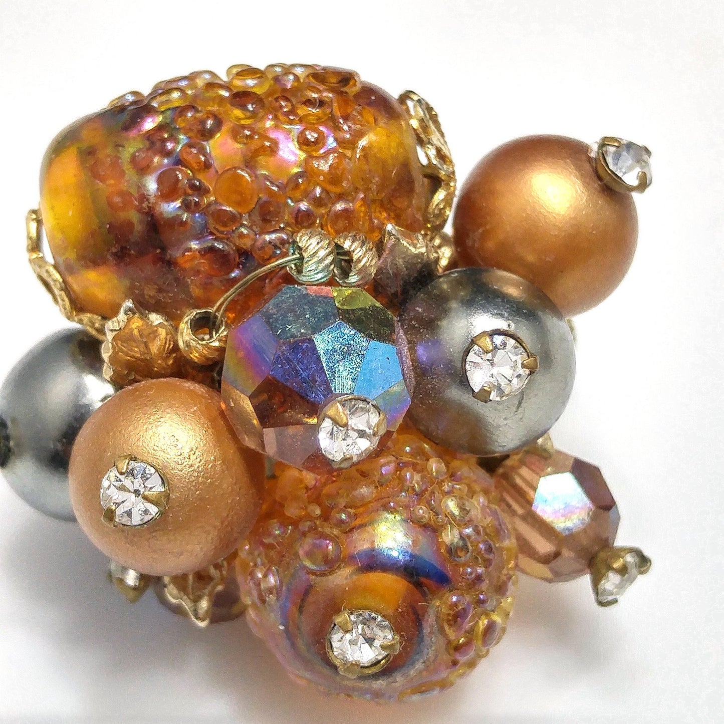 Vendome Topaz Beaded Earrings, Art Glass, Aurora Borealis, 1960s Vintage Jewelry