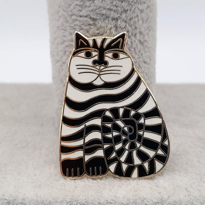 Laurel Burch "Shambala" Cat Brooch Pendant, Black White Enamel, Gold Plated, 1980s Vintage Jewelry