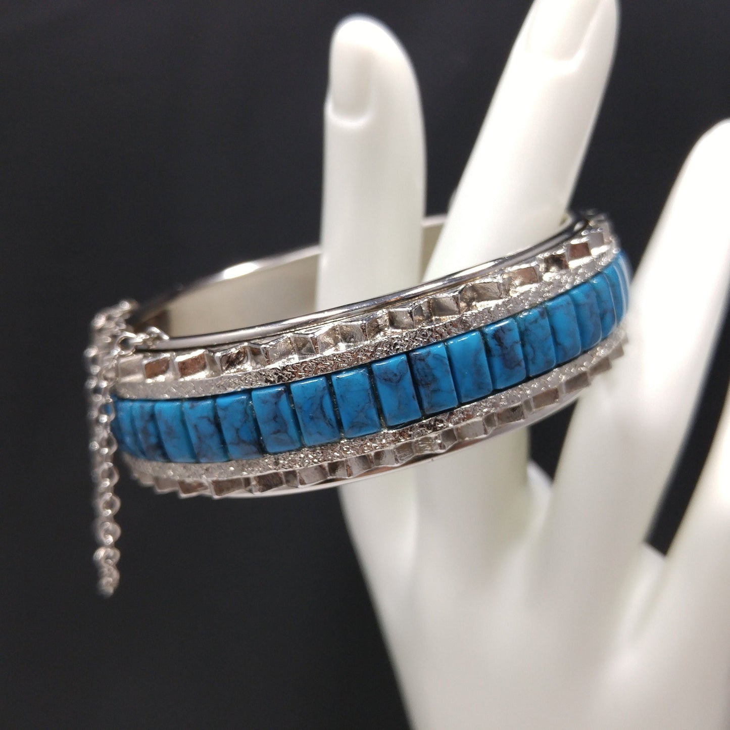 Whiting & Davis Faux Turquoise Hinged Bracelet, Silver Tone, 1970s Vintage Jewelry