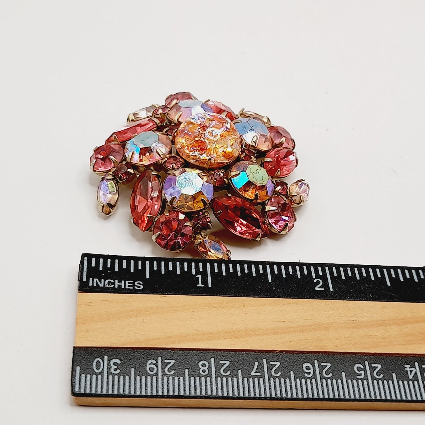 Vintage Pink Rhinestone Brooch, Dragon’s Breath Glass, Gold Tone, 1950s