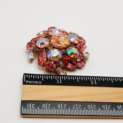 Vintage Pink Rhinestone Brooch, Dragon’s Breath Glass, Gold Tone, 1950s