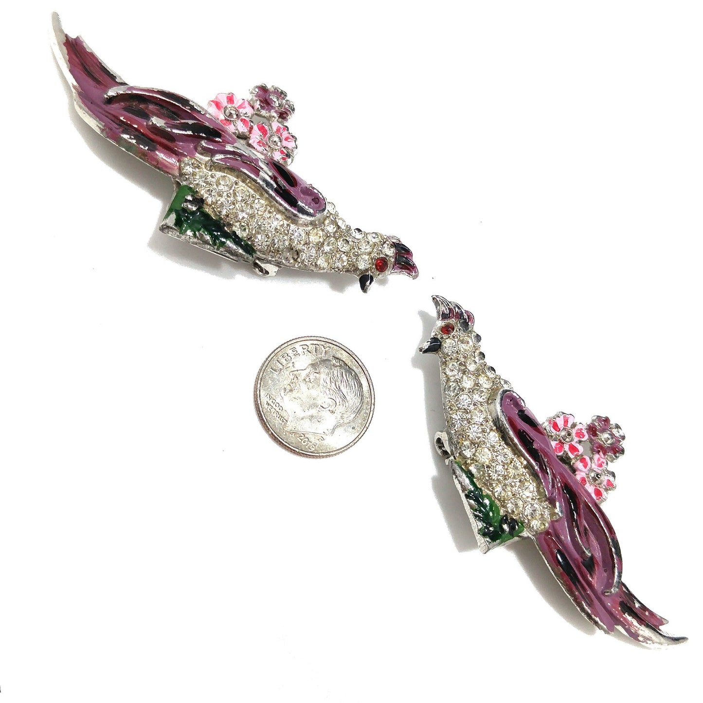 Duette Bird Brooches, Unsigned, Coro Style, Set of Two, Rhinestone and Enamel, 1940s Vintage Jewelry