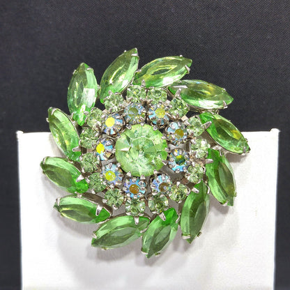 Vintage Peridot Green Rhinestone Domed Brooch, Aurora Borealis, 1960s