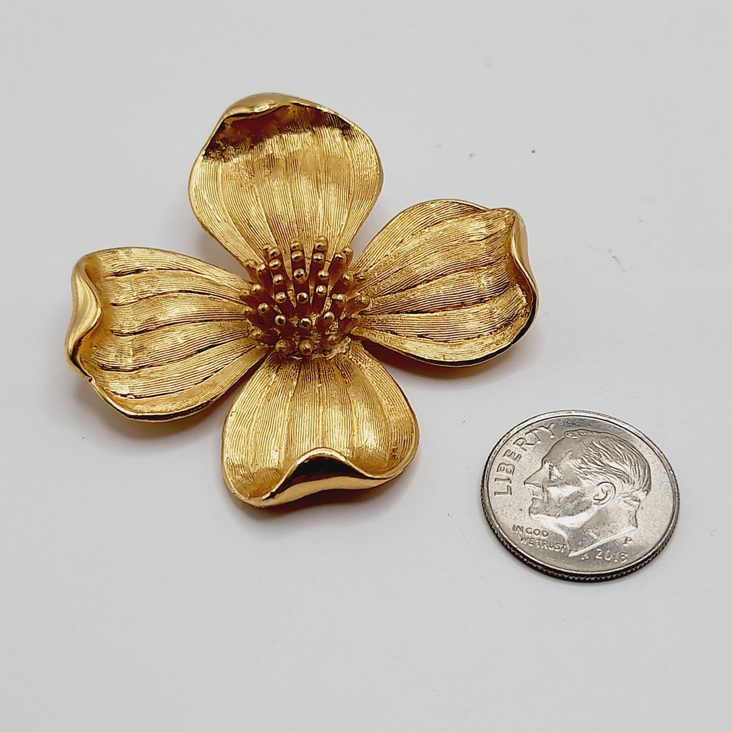Vintage Crown Trifari Dogwood Brooch - Gold-Plated Floral Pin - 1 3/4 Inch