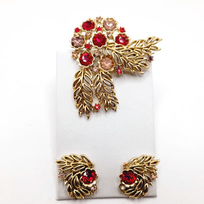 Vintage 1950s Pink Red Rhinestone Brooch Earrings Set, Gold Tone Floral Jewelry, Mid-Century Designer Statement Jewelry