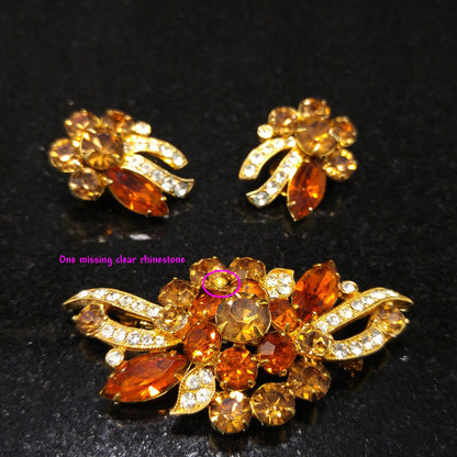 Eisenberg Ice Topaz Orange Brooch & Earrings, Gold Plated, 1960s Vintage Jewelry