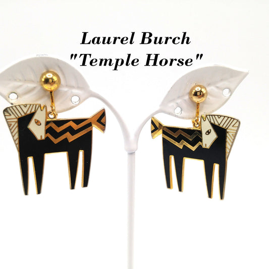 Laurel Burch "Temple Horse" Clip Earrings, Black White Enamel, Gold Plated, 1980s Vintage Jewelry