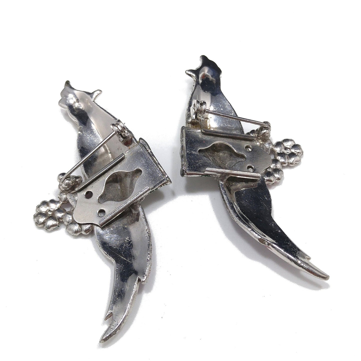 Duette Bird Brooches, Unsigned, Coro Style, Set of Two, Rhinestone and Enamel, 1940s Vintage Jewelry