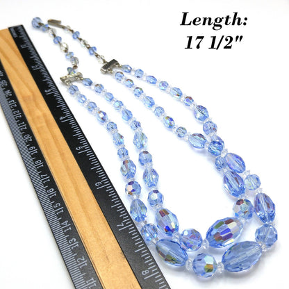 Mid Century Light Blue Oval Crystal Bead Necklace, Two Strands Graduated Sizes, 1950s Vintage Jewelry