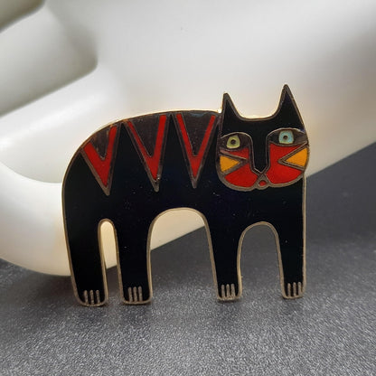 Laurel Burch Magicat Brooch, Black Red Enamel Cloisonne, Gold Plated, 1980s Vintage Jewelry
