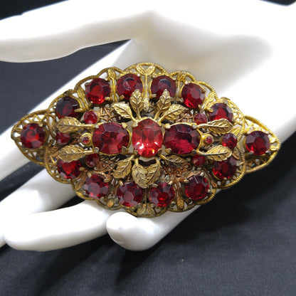 Antique Red Rhinestone Filigree Large Brooch, Wide Floral Sash Shoulder Pin, 1920s Vintage Jewelry