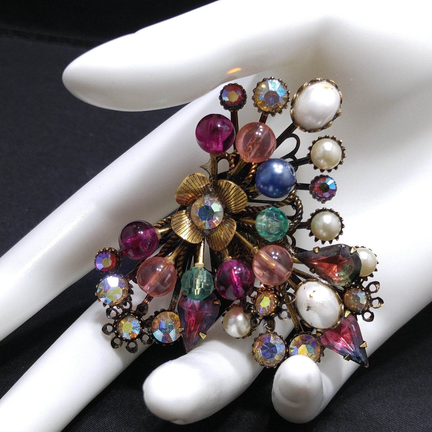 Mid-century Floral Beaded Riveted Brooch, Rhinestones Beads Prongs, 1950s Vintage Jewelry
