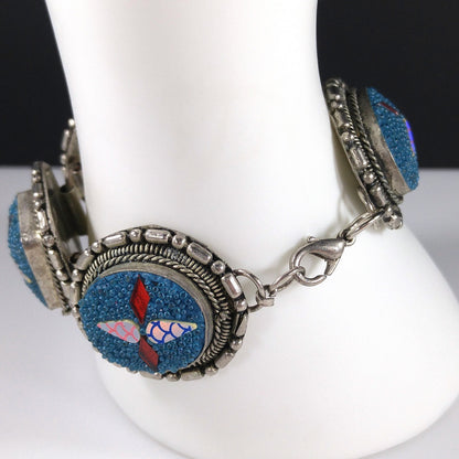 Art Crafted Five Linked Bracelet, Silver Tone, Iridescent Design, 1960s Vintage Jewelry