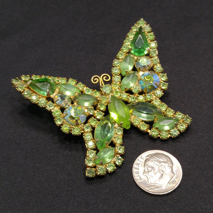 Weiss Peridot Green Rhinestone Butterfly Brooch, Gold Plated, 1950s Vintage Jewelry