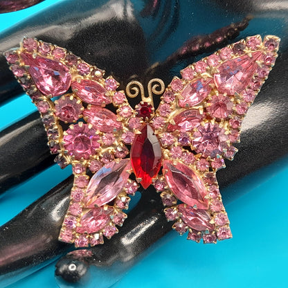 Vintage Weiss Butterfly Brooch, Pink Red Rhinestones, 1950s Jewelry