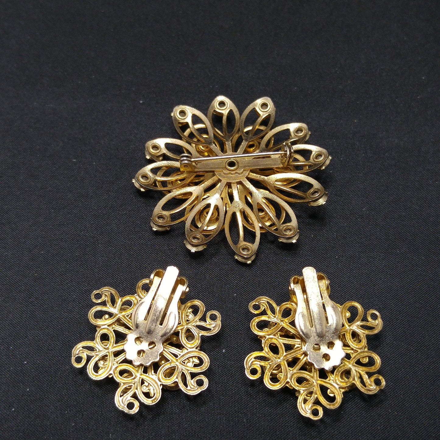 Vintage Pink Aurora Borealis Brooch Earrings Set, Pink Cabochons, 1950s Vintage Jewelry