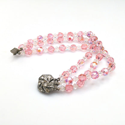 Pink Crystal Beaded Bracelet, Three Strands, Rhinestone Clasp, 1950s Vintage Jewelry