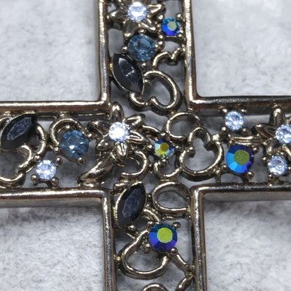 Givenchy Large Cross Brooch, Aurora Borealis Blue Rhinestones, 1990s Vintage Jewelry
