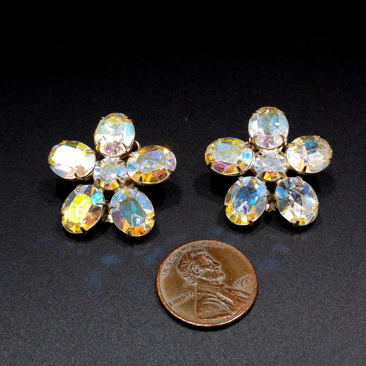 Weiss Aurora Borealis Clear Rhinestone Earrings, Flower Clip Earrings, 1950s Vintage Jewelry