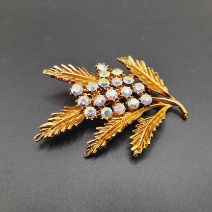 Vintage 1970s Leaf Blooms Aurora Borealis Rhinestone Brooch - 2 1/2 Inches