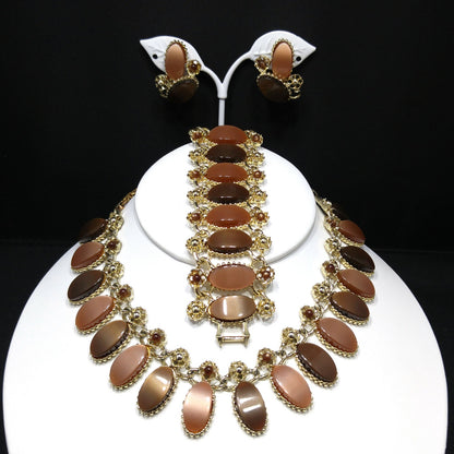 Pakula Topaz Lucite Moonglow Necklace Bracelet Earrings Set, 1950s Vintage Jewelry